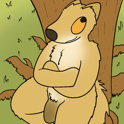 anthro crossed_arms flaccid genitals grass male nude penis plant smile solo tree trout_(artist) herpestid mammal mongoose 1:1 2016 aliasing digital_media_(artwork)
