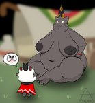 2024 absurd_res anthro areola arkaneanarchist_(artist) belly big_belly big_breasts big_butt blurred_background blush bovid breasts butt caprine clothed clothing colored cult_of_the_lamb digital_drawing_(artwork) digital_media_(artwork) domestic_cat felid feline felis female forneus fur grey_areola grey_body grey_breasts grey_fur grey_nipples grey_skin hair hands_on_hips hat hat_only headgear headgear_only headwear headwear_only hi_res huge_belly huge_breasts huge_butt huge_hips huge_thighs humanoid_hands lamb_(cult_of_the_lamb) male mammal massive_monster_(studio) mostly_nude navel nipples nude obese obese_anthro obese_male outside overweight overweight_anthro overweight_male owo paws shaded sheep simple_background sitting size_difference solo speech_bubble standing thick_thighs whiskers wide_hips