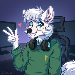 anthro blue_eyes blush chair clothing computer electronics eyebrow_through_hair eyebrows eyelashes eyewear fur furniture gesture glasses hair hand_gesture headphones heart_symbol inside looking_at_viewer male short_hair smile smiling_at_viewer solo sweater topwear translucent translucent_hair v_sign white_body white_fur white_hair dandy_(artist) canid canine canis domestic_dog mammal 1:1 2021 absurd_res hi_res