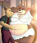 anthro antlers belly big_belly big_breasts blush breasts brown_body brown_fur classroom clothed clothing duo female fur horn inside male male/female navel obese open_mouth overweight overweight_anthro overweight_female poking school simple_background smile tail thick_thighs itzimiau beastars juno_(beastars) louis_(beastars) canid canine canis cervine deer mammal red_deer wolf hi_res