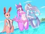 anthro blush breasts camel_toe clothed clothing female fur group hair horn one-piece_swimsuit sea sling_bikini swimwear tail trio water rainven mythology wolfhimeqin aquatic_dragon canid canine canis dragon lagomorph leporid mammal marine mythological_creature mythological_scalie rabbit scalie wolf 4:3 absurd_res hi_res