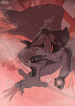 4_toes anisodactyl anthro avian_feet beak beverage big_penis black_body black_feathers black_sclera claws erection feathered_wings feathers feet foot_in_water genitals holding_beverage holding_object humanoid_genitalia humanoid_penis male nude_male partially_submerged penis red_eyes sitting solo spread_toes thick_penis toe_claws toes vein veiny_penis water wings exsys avian bird corvid corvus_(genus) oscine passerine raven