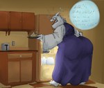 anthro appliance barefoot big_butt blue_clothing blue_dress bodily_fluids butt butt_focus cake caught claws clothed clothing curvy_figure dessert dress embarrassed fangs feet female floppy_ears flying_sweatdrops food fridge fridge_raid fur holding_cake holding_food holding_object holding_plate huge_butt inside kitchen kitchen_appliance leaning leaning_forward looking_at_viewer looking_back looking_back_at_viewer lop_ears mature_anthro mature_female narrowed_eyes nervous open_mouth rear_view robe scut_tail short_tail solo speech_bubble stuttering sweat sweatdrop tail talking_to_viewer teeth text thick_thighs toaster voluptuous white_body white_fur wide_hips khutokun nightmarebros third-party_edit undertale undertale_(series) toriel boss_monster_(undertale) bovid caprine goat mammal 2023 color_edit colored english_text guide_lines