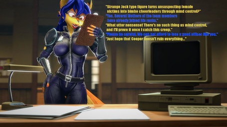 anthro blue_hair bodysuit breasts clipboard clothed clothed_anthro clothed_female clothing computer dialogue electronics eyewear female fur glasses hair orange_body orange_fur skinsuit solo tail text tight_clothing wearing_glasses veryfluffy warfaremachine_(modeler) sly_cooper_(series) sony_corporation sony_interactive_entertainment sucker_punch_productions carmelita_fox canid canine fox mammal 16:9 2023 3d_(artwork) digital_media_(artwork) english_text hi_res widescreen