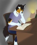 anthro arm_support blue_eyes clothed clothing desk detailed_foreground feet fountain_pen fur furniture holding_object lamp leaning_on_elbow male pen simple_background sitting solo table topwear writing_text writing_utensil lobadelaluna rorick_kintana canid canine canis collie domestic_dog herding_dog mammal pastoral_dog rough_collie sheepdog absurd_res digital_media_(artwork) hi_res