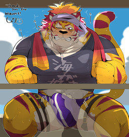 5_fingers abs ambiguous_gender anthro beach black_nose blush bulge clenched_teeth clothing cloud countershading cross-popping_vein duo emanata erection erection_under_speedo faceless_character faceless_male feet fingers fist foot_fetish foot_play footjob footjob_through_clothing front_view fur grey_clothing grey_shirt grey_t-shirt grey_topwear hair kerchief leg_strap male male/ambiguous multicolored_body multicolored_fur muscular muscular_anthro muscular_arms muscular_legs muscular_male one_eye_closed orange_hair panties pecs penile penis_on_feet public public_sex purple_clothing purple_panties purple_underwear red_body red_fur seaside sex shirt sitting snout striped_body striped_fur stripes t-shirt teeth tenting thong topwear towel towel_around_neck under_table under_table_footjob underwear white_body white_fur wishbone_mouth yellow_body yellow_fur hyaku_(artist) lifewonders tokyo_afterschool_summoners nomad_(tas) felid mammal pantherine tiger hi_res