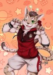 2018 5_fingers absurd_res anthro artist_name asteroid bottomwear clothing cosmic_background countershading deity digital_media_(artwork) felid feline fingers green_eyes hi_res hoodie leopard_cat male mammal nekojishi one_eye_closed paws planet prionailurus red_clothing red_hoodie red_topwear satellite_dish shorts shu-chi signature snowjune solo space space_background star studio_klondike topwear watermark white_bottomwear white_clothing white_shorts wink young
