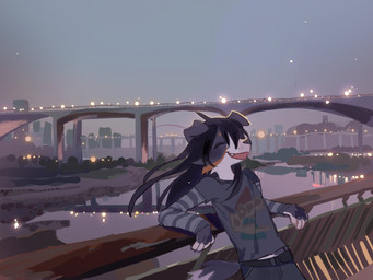 anthro bridge city cityscape clothed clothed_anthro clothed_male clothing cute_fangs eyes_closed fangs femboy floppy_ears fur hair happy kemono long_hair male male_anthro multicolored_body multicolored_fur night open_mouth open_smile outside river sky smile solo star starry_sky tail teeth tongue xinxinbird canid canine canis domestic_dog mammal 2026 4:3 digital_media_(artwork) hi_res