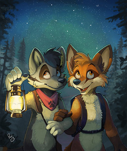 anthro aurora_(phenomenon) black_hair duo front_view fur glistening glistening_eyes grey_body grey_fur hair holding_lantern holding_object kerchief lamp lantern logo looking_up male mouth_closed navel neckerchief neckwear night nude open_mouth open_smile orange_body orange_eyes orange_fur outside plant red_kerchief red_neckerchief short_hair smile standing star tree white_body white_fur young young_anthro young_male pandapaco canid canine fox mammal artist_logo signature