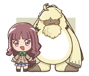 anthro brown_hair chibi duo female fur hair hair_over_eyes long_ears long_hair male ponytail_ears yellow_body yellow_fur moka_coffee1210 bandai_namco digimon digimon_ghost_game ruri_tsukiyono angoramon digimon_(species) human lagomorph leporid mammal rabbit
