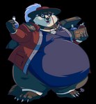 anthro belly big_belly black_body black_fur capelet claws clothed clothing container cravat eyewear fur hat hat_feather headgear headwear holding_container holding_object holding_potion loose_feather male monocle moobs obese obese_anthro obese_male open_mouth open_smile overweight overweight_anthro overweight_male potion simple_background smile solo standing thick_thighs toe_claws transparent_background white_body white_fur wide_hips caleblloyd badger mammal mustelid musteline absurd_res alpha_channel hi_res