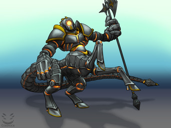 armor big_hands glowing glowing_eyes glowing_markings halberd hooves long_tail mace_tail machine male markings melee_weapon metallic_body on_hind_legs polearm solo tail weapon weapon_tail corinoch_(artist) dungeons_and_dragons hasbro wizards_of_the_coast cyclops iron_golem living_machine robot robot_taur taur 4:3 hi_res
