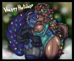 4_fingers ahoge anthro areola big_butt black_border black_nails blue_body blue_fur blue_hair border bottomless boxers_(clothing) breasts brown_body brown_fur brown_hair bulge butt christmas_lights claws cleavage cleavage_overflow clothed clothing colored_nails duo eyes_closed female fingers fur green_eyes grin hair heart_(marking) heart_symbol holidays hug inverted_nipples lips long_hair male male/female markings mistletoe nails neck_tuft nipples plant sharp_teeth smile spots spotted_body spotted_fur standing sweater teeth thick_bottom_lip thick_thighs topwear tuft underwear wardrobe_malfunction wide_hips deimion_j_shadowwolf christmas dal_(blazethefox) deimion canid canine canis domestic_dog mammal wolf 2021 hi_res