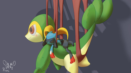 anthro black_body blue_body blue_eyes blush duo hanging_from_ceiling happy lying male multicolored_body on_back on_model plushification stitch_(sewing) surprised suspension rioni fakemon nintendo pokemon fan_character zorio generation_4_pokemon generation_5_pokemon pokemon_(species) riolu snivy 16:9 4k absurd_res hi_res widescreen