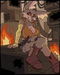 anthro boots breasts cleavage clothed clothing detailed_background female fire footwear gun handgun ranged_weapon revolver shoes sitting solo weapon eviex_01 canid canine mammal 4:5 absurd_res hi_res