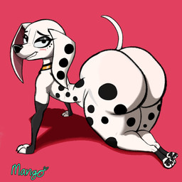 all_fours ambiguous_gender anthro bedroom_eyes big_butt blush butt butt_focus collar female feral huge_butt looking_at_viewer makeup narrowed_eyes pose rear_view seductive smile smiling_at_viewer smirk smirking_at_viewer solo spots mangoiguess 101_dalmatian_street 101_dalmatians disney dolly_(101_dalmatians) canid canine canis dalmatian domestic_dog mammal absurd_res colored detailed digital_drawing_(artwork) digital_media_(artwork) hi_res