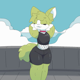 anthro black_clothing bodily_fluids clothing exercise eyes_closed female fishnet_clothing fur green_body green_fur green_hair hair hands_behind_head sky skyscape solo sweat tail thick_thighs workout hatrian felid feline mammal 1:1