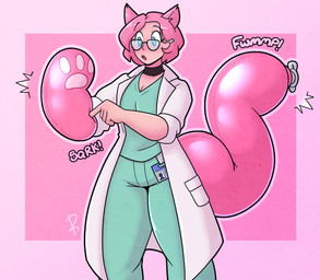 bottomwear breasts choker clothing coat eyewear female glasses green_bottomwear green_clothing green_pants green_shirt green_topwear hair humanoid_to_inanimate inflatable jewelry lab_coat necklace nozzle nozzle_(valve) nozzle_on_tail open_mouth pants pawpads pink_hair seam_(sewing) shirt simple_background solo species_transformation standing surprised tail text topwear transformation 2b-labs animal_humanoid animate_inanimate cat_humanoid felid felid_humanoid feline feline_humanoid humanoid living_inflatable mammal mammal_humanoid 2025 digital_media_(artwork) english_text