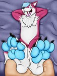 4_toes anthro armpit_hair armpit_tuft black_nose blue_eyes blue_hair body_hair chest_hair chest_tuft claws crossed_legs eyebrows fangs feet foot_fetish foot_focus fur hair hands_behind_head happy hindpaw looking_at_viewer lying male on_back open_mouth pawpads paws pillow pink_body pink_fur prick_ears purple_background sharp_teeth simple_background smile smiling_at_viewer snout solo teeth toe_claws toes tongue tuft uvula white_body white_fur wrinkles wuffeet wolftical canid canine canis domestic_dog mammal wolf 3:4 hi_res