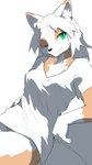 anthro breasts clothing female fur green_eyes hair medium_hair one_eye_closed orange_body orange_fur shirt simple_background sitting small_breasts solo t-shirt topwear white_background white_body white_clothing white_fur white_hair white_shirt white_t-shirt white_topwear wink eneki_sei canid canine mammal 9:16 hi_res