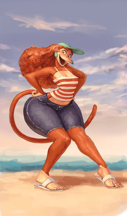 5_fingers 5_toes alternate_species anthro baseball_cap beach big_butt bottom_heavy bottomwear breasts butt clothed clothing cloud curly_hair denim denim_bottomwear denim_clothing denim_shorts ear_piercing ear_ring feet female fingers fluffy fluffy_hair footwear fur furrification hair halter_top hands_on_hips hat headgear headwear huge_hips huge_thighs long_hair looking_at_viewer medium_breasts midriff navel open_mouth orange_body orange_fur orange_hair outside piercing plantigrade pose raised_heel ring_piercing sand sandals seaside shoes shorts sky solo tail thick_thighs tight_bottomwear tight_clothing tight_shorts toes wide_hips redustheriotact disney inner_workings kate_(inner_workings) haplorhine mammal monkey primate 2025 hi_res