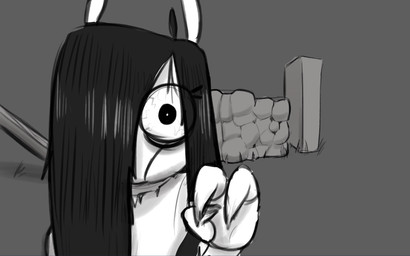 3_fingers anthro bloodshot_eyes female fingers hair hoof_hands locker long_hair looking_at_viewer palette rock_wall solo hitsuji dead_by_daylight sadako_yamamura shio_(hitsuji) alpaca camelid mammal monochrome