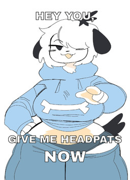 :3 anthro belly big_breasts biped black_ears black_nose black_tail blue_bottomwear blue_clothing blue_hoodie blue_pants blue_topwear bone bottomwear breasts clothed clothing cute_fangs dark_panties dialogue fangs female floppy_ears fur gesture hair hair_over_eye half-closed_eyes hand_gesture hand_on_hip hoodie narrowed_eyes one_eye_obstructed pants pawpads pink_belly pink_pawpads pink_tongue pointing pointing_at_viewer short_hair simple_background solo standing tail talking_to_viewer teeth text tongue topwear white_background white_body white_fur puppkittyfan1 pepper_(fawnpawss) canid canine canis domestic_dog mammal 2022 digital_media_(artwork) english_text hi_res image_macro meme shaded simple_shading