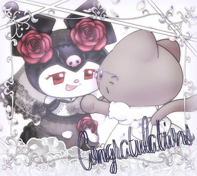 anthro brown_body brown_fur chibi clothing dress duo eyewear female female/female flower fur glasses grey_eyes hand_holding lace open_mouth petals plant red_eyes rose_(flower) self_insert selfship smile spade_tail tail text wearing_glasses wedding wedding_dress wedding_veil whiskers white_body white_fur touboutenshi onegai_my_melody sanrio kuromi tenshi_(touboutenshi) demon domestic_cat felid feline felis lagomorph leporid mammal rabbit english_text hi_res