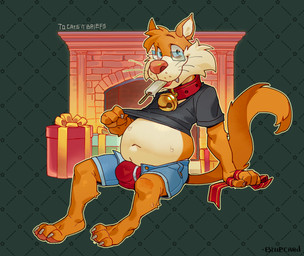 3_toes anthro bell bell_collar bodily_fluids briefs bulge claws clothed clothing collar eyewear feet food fur gift glasses male orange_body orange_fur popsicle red_briefs red_clothing red_collar red_underwear solo sweat thick_collar toe_claws toes underwear bluecard eddie_(cedamuc1) domestic_cat felid feline felis mammal digital_media_(artwork) hi_res