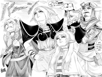 anthro armor clothing dialogue eyebrows eyelashes eyewear eyewear_on_head female gloves goggles goggles_on_head group handwear humanoid_focus humanoid_pointy_ears looking_up male not_furry_focus open_mouth pointy_ears staff text pltnm06ghost delicious_in_dungeon frieren_beyond_journey's_end frieren_looking_up jak_and_daxter naughty_dog record_of_lodoss_war sony_corporation sony_interactive_entertainment daxter deedlit frieren jak_(jak_and_daxter) marcille_donato elf humanoid mammal mustelid ottsel 2025 absurd_res english_text hi_res meme monochrome