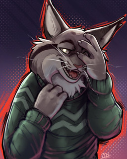 anthro clothed clothing creepy_smile ear_tuft fur green_clothing green_sweater green_topwear grey_body grey_fur looking_at_viewer male outline red_outline smile solo sweater topwear tuft whiskers white_eyes 7theaven disney zootopia pawbert_lynxley canada_lynx felid feline lynx mammal 2026 4:5 digital_media_(artwork) hi_res signature