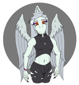 anthro black_bottomwear black_clothing black_crop_top black_pants black_shirt black_topwear blue_body bone_frill bottomwear breasts choker claws clothing crop_top elbow_feathers eyelashes feathered_wings feathers female finger_claws fingers frill_(anatomy) front_view geometric_background grey_body grey_feathers grey_hair hair half-closed_eyes humanoid_hands jewelry long_eyelashes long_hair looking_at_viewer markings medium_breasts narrowed_eyes navel necklace non-mammal_breasts non-mammal_navel o-ring orange_eyes pants shirt simple_background solo standing striped_markings stripes text topwear torn_bottomwear torn_clothing torn_pants wings lorikani cavemanon_studios goodbye_volcano_high ko_op_(game_developer) snoot_game fang_(gvh) prehistoric_species pterosaur reptile scalie artist_name colored hi_res portrait shaded three-quarter_portrait