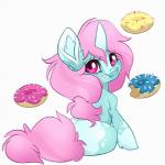 chewing dessert doughnut eating feral food horn looking_at_viewer looking_back pastry simple_background solo feardakez hasbro my_little_pony mythology fan_character scoops equid equine mammal mythological_creature mythological_equine unicorn 1:1 2d_animation animated motion_tweening short_playtime