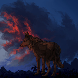 ambiguous_gender brown_body brown_eyes brown_fur brown_inner_ear_fluff cheek_tuft cloud facial_tuft feral fur inner_ear_fluff leg_tuft mouth_closed neck_tuft outside sky solo text tuft whiskers msdeadsoul canid mammal 1:1 2020 artist_name dated hi_res