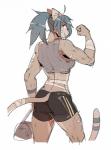 anthro athletic athletic_anthro athletic_female athletic_wear backpack band-aid bandage biceps blue_hair bottomwear bra brown_body brown_fur butt clothed clothing eyebrows female fingers fist flexing fur hair holding_object looking_back markings muscular muscular_female pink_eyes ponytail rear_view red_eyes shorts simple_background smile solo spandex spandex_shorts sports_bra standing striped_markings striped_tail stripes tail tail_markings text text_on_clothing text_on_topwear text_on_underwear tight_clothing tomboy topwear underwear white_background notglacier kei_(notglacier) domestic_cat felid feline felis mammal 2019 digital_media_(artwork) hi_res portrait three-quarter_portrait