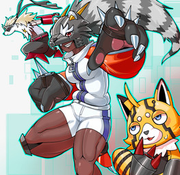 anthro bottomwear claws clothing dark_body dark_skin evolutionary_family female fur group gun_arm mask orange_body orange_fur pants pawpads paws raccoon_tail_hair shorts trio weapon_arm rarebeetlepast bandai_namco digimon bearcatmon binturong_humanoid digimon_(species) humanoid pristimon wolvermon hi_res