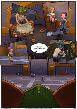 anthro clothed clothing dialogue eyewear female fur gear goggles green_hair group hair hair_bun hood laugh machine mechanic metal red_body red_fur smile speech_bubble text vore_implied walking hunnter blizzard_entertainment warcraft vicky_the_vulpera canid canine fox gnome_(warcraft) humanoid mammal vulpera absurd_res comic digital_media_(artwork) english_text hi_res