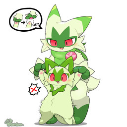 ambiguous_gender anthro bodily_fluids claws ear_wiggling feral finger_claws fur green_body green_fur on_hind_legs pawpads pink_pawpads red_eyes shaking simple_background speech_bubble sweat white_background tontaro nintendo pokemon floragato generation_9_pokemon pokemon_(species) sprigatito 1:1 animated animated_gif shaded short_playtime