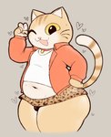 animal_print anthro belly big_butt black_bottomwear black_clothing black_eyes black_skirt blush blush_lines bodily_fluids bottomwear brown_body brown_fur brown_tail bulge butt clothing collar collar_tag fur gesture grey_background hand_gesture hand_on_hip hand_on_own_hip heart_symbol jacket leopard_print looking_at_viewer male multicolored_body multicolored_bottomwear multicolored_clothing multicolored_fur multicolored_skirt multicolored_tail navel one_eye_closed open_mouth orange_body orange_bottomwear orange_clothing orange_ears orange_fur orange_skirt orange_tail overweight overweight_anthro overweight_male pawpads pink_nose pose red_collar shirt simple_background skirt solo standing stripes sweat tail tan_body tan_fur tan_tail thick_thighs topwear v_sign whiskers white_clothing white_shirt white_topwear wink winking_at_viewer yellow_eyes yellow_sclera zlut385 working_buddies! tapio_chatarozawa domestic_cat felid feline felis mammal tabby_cat 2025 colored digital_drawing_(artwork) digital_media_(artwork)