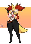 absurd_res anthro areola badwebber big_breasts breasts canid canine delphox fan_character female generation_6_pokemon gesture hand_gesture hi_res invalid_tag mammal nintendo nipples original_character pink_areola pink_nipples pokemon pokemon_(species) solo v_sign