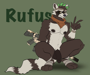 amber_eyes anthro bandage bracelet brown_penis casual_nudity crouching dark_nipples ear_piercing facial_piercing flaccid foreskin genitals gesture green_hair gun hair hand_behind_back hand_gesture jewelry kerchief looking_at_viewer male markings nipples nose_piercing nose_ring nude paws penis piercing ranged_weapon ring_piercing seductive solo striped_markings striped_tail stripes tail tail_markings teeth_showing tuft v_sign weapon ikerbuck epic_games fortnite rufus_(fortnite) mammal procyonid raccoon absurd_res hi_res