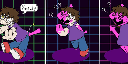 anthro brown_hair confusion dialogue eyewear glasses hair human_to_anthro male question_mark solo species_transformation speech_bubble text three_frame_sequence transformation transformation_sequence mikey6193 deltarune undertale_(series) darkner human mammal virovirokun 2025 digital_media_(artwork) english_text hi_res