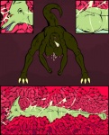 anthro bent_over bodily_fluids body_inside_body breasts cervix dinosaur duo featherscale female female/female genital_fluids head_first hi_res internal muscular non-mammal_breasts reptile scalie size_difference spots tail unbirthing vaginal vaginal_fluids vore