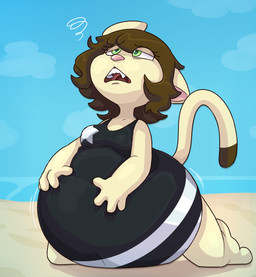 anthro beach belly big_belly black_clothing bloated blue_sky breasts brown_hair clothing female green_eyes hair huge_belly medium_breasts outside overweight overweight_anthro overweight_female sky solo denaturedalbumin domestic_cat felid feline felis mammal 2020