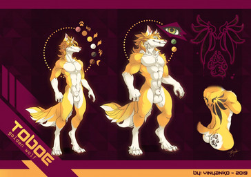 abstract_background animal_genitalia anthro arm_tuft athletic athletic_anthro athletic_male back_markings balls black_markings blonde_hair brown_claws butt butt_markings chest_tuft claws fully_sheathed fur genitals green_eyes hair male markings multicolored_eyes muscular muscular_anthro muscular_male pawpads pecs pink_inner_ear pink_nose pink_pawpads sheath shoulder_tuft solo tail text tuft two_tone_eyes white_balls white_body white_ears white_fur white_sheath white_tail yellow_body yellow_ears yellow_eyes yellow_fur yellow_tail vesper_art canid canine canis mammal wolf 2019 artist_name dated