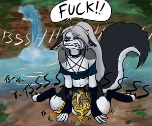 alternative_fashion anthro bodily_fluids choker female genital_fluids jewelry kneeling navel necklace omorashi outside peed peeing peeing_on_ground peeing_on_self peeing_outside profanity solo steam text urine urine_on_ground urine_on_self urine_pool urine_stream water waterfall wetting jacquesrabbit hellaverse helluva_boss mythology loona_(helluva_boss) canid canid_demon canine demon hellhound mammal mythological_canine mythological_creature