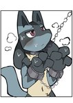 anthro biped blue_body blue_fur bodily_fluids chain chain_leash collar cuff_(restraint) fur leash male metal_collar metal_cuffs red_eyes restraints solo submissive submissive_anthro submissive_male sweat sweaty_body p1ka_aya nintendo pokemon generation_4_pokemon lucario pokemon_(species)
