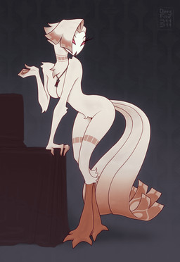 anthro beak bent_over breasts eyelashes feathers feet female hair jewelry looking_back necklace nude nude_anthro nude_female red_eyes scuted_legs scutes short_hair solo tail tail_feathers talons toes white_body white_feathers white_hair dirtyfox911911 hellaverse the_lesser_key_of_solomon vilhelmina avian bird demon owl owl_demon hi_res