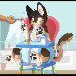 4_fingers 4_toes ambiguous_gender anthro appliance baby_bottle baby_food bib big_diaper black_nose black_pawpads bodily_fluids brown_body brown_fur brown_tail cactus chair city clean_diaper clothed clothing curtains curtains_open cutlery detailed_background diaper diaper_puff duo faucet feet fingers flying_sweatdrops fur furniture gloves_(marking) high_chair holding_spoon kettle kitchen kitchen_appliance kitchen_sink kitchen_utensils leg_markings markings milk mostly_offscreen_character multicolored_tail narrowed_eyes on_chair oven pawpads pawprint_diaper pink_inner_ear plant plant_pot potted_plant sink sitting sitting_on_chair sky socks_(marking) spatula spoon straps sweat sweatdrop tail tan_body tan_fur tan_inner_ear tan_tail toes tongue tongue_out tools wall_(structure) wavy_mouth wearing_diaper whisker_spots window jupiters jack_cabbit domestic_cat felid feline felis hybrid lagomorph leporid mammal rabbit 1:1 hi_res letterbox