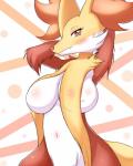 4:5 abstract_background anthro big_breasts blush breasts canid canine delphox female foxteru fur generation_6_pokemon hands_behind_head hi_res looking_at_viewer mammal navel nintendo nipples nude orange_body orange_fur pokemon pokemon_(species) red_eyes solo white_body white_fur yellow_body yellow_fur